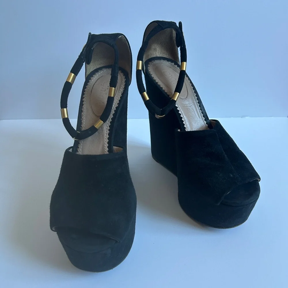 Chloe size 36 Black suede Wedge platforms w gold detail and snap - Picture 2 of 7